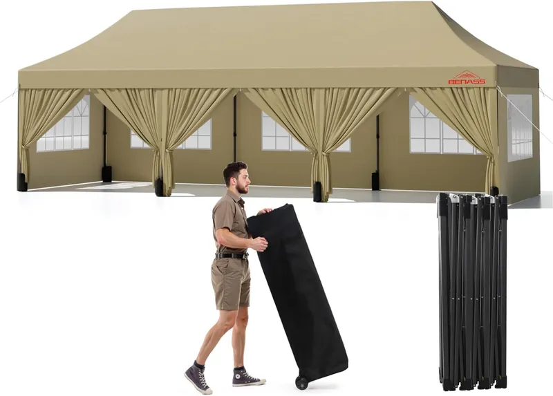Benass 10×30 Heavy Duty Pop Up Canopy with 8 Sidewalls, Khaki