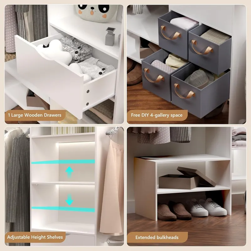 Benass Closet Organizer with 3 Hanging Rods & 1 Wooden Drawer